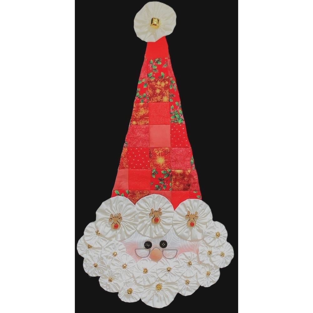 Santa Wall Door Hanging Quilt Yo-Yos Patchwork Grannycore Christmas Sewn 28" Vtg